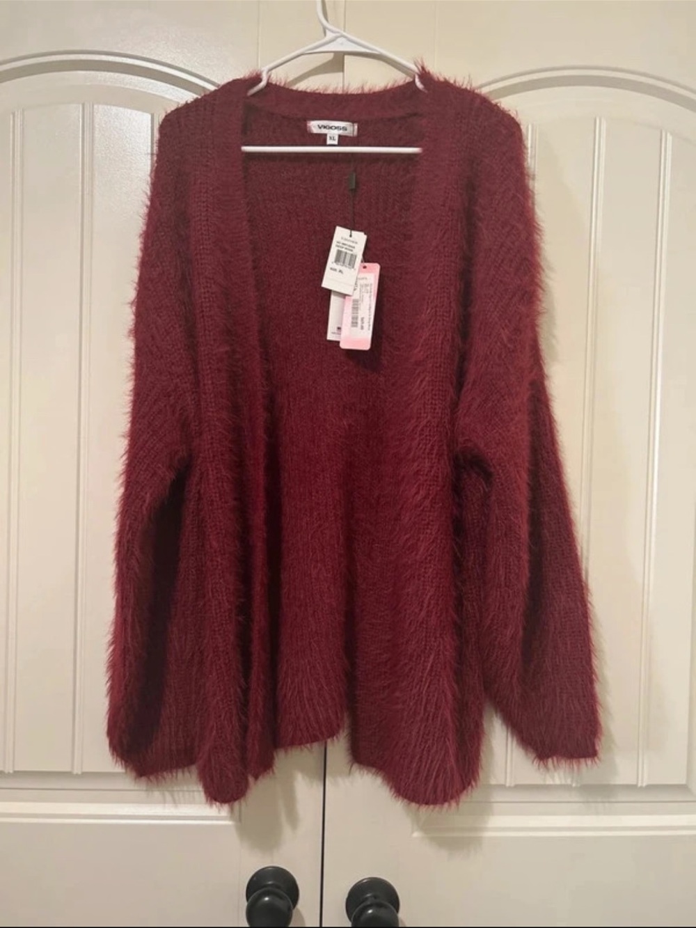 Vigoss Fuzzy Open-Front Cardigan in Burgundy
